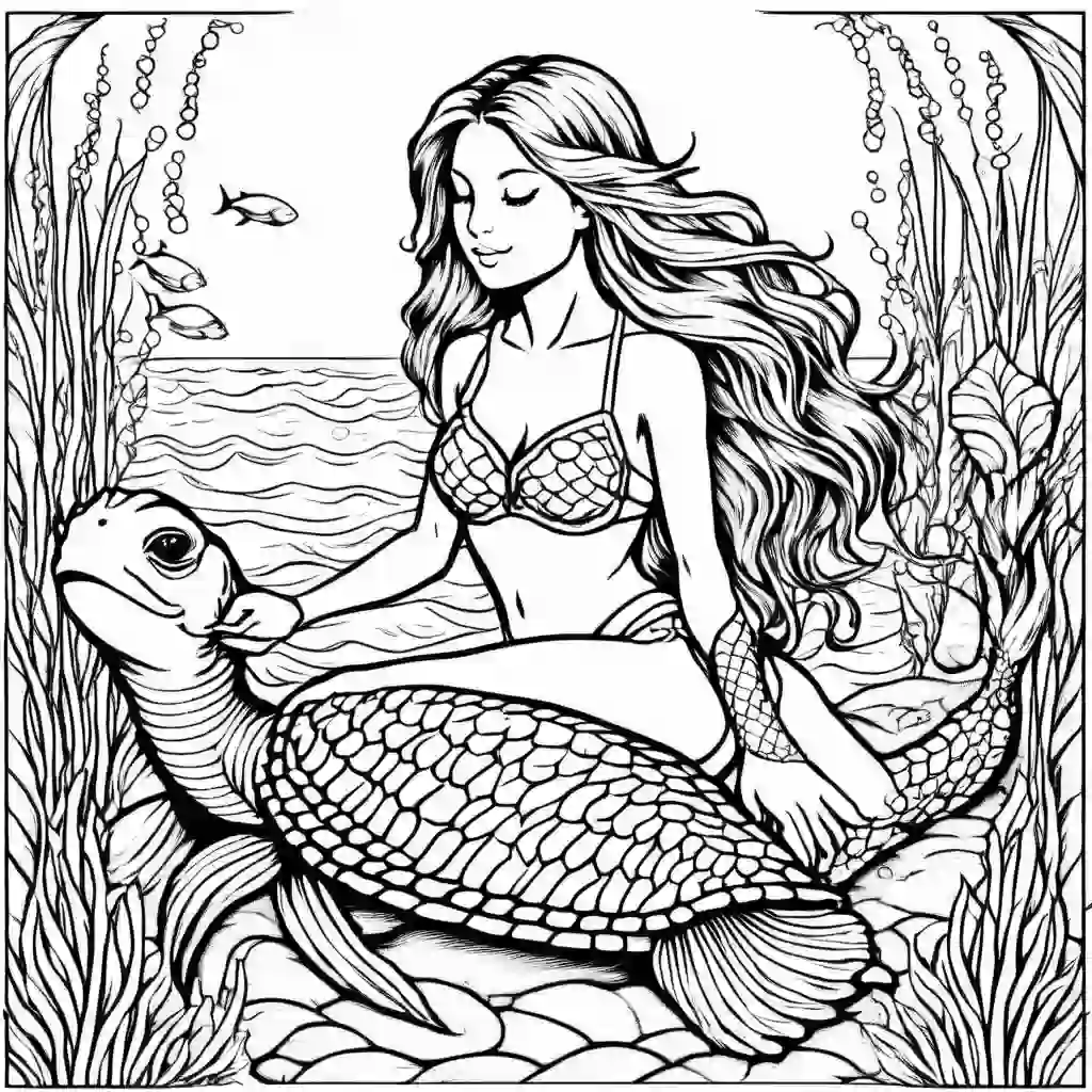 Mermaid with a Turtle coloring pages
